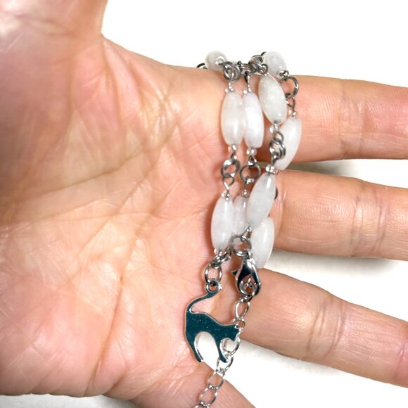 Genuine Milky Quartz Short Necklace, Natural Gemstone w/ Cute Slim Cat Pendant - Picture 15 of 15